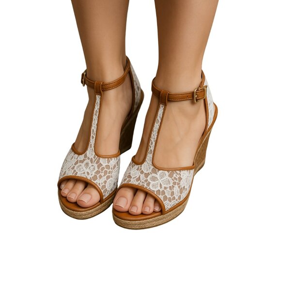 CATO Women's Lace Peep-Toe Sandals - White and Tan - Picture 1 of 9